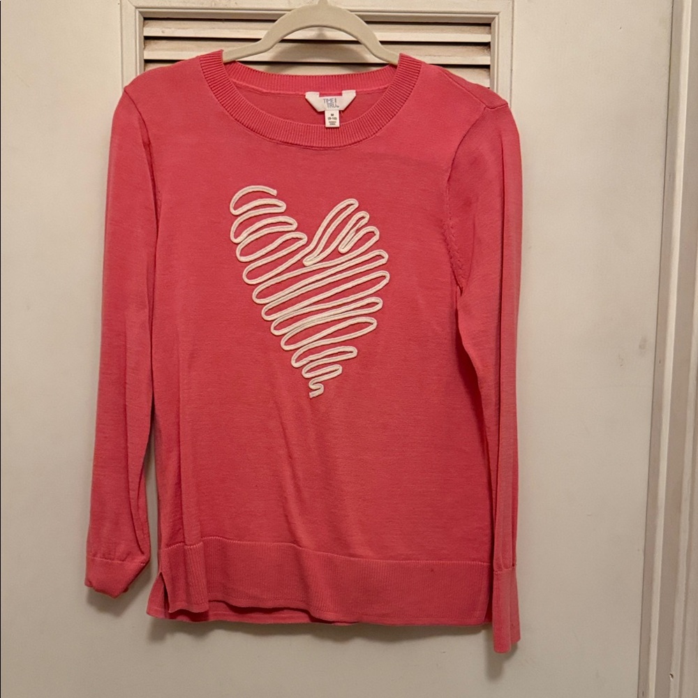Time and Tru Pink Sweater with White Heart Design